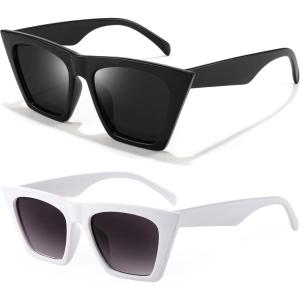 FEISEDY Vintage Square Cat Eye Sunglasses Women Trendy Cateye Sunglasses B2473(Black + White)