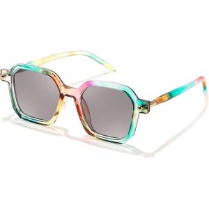 FEISEDY Vintage Square Sunglasses Men Women Classic Retro Trendy Large Frame UV400 Sun Glasses B0154(002 Rainbow & Light Grey)