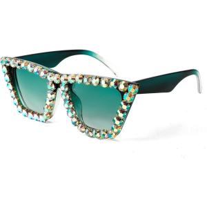 FEISEDY Women Crystal Square Cat Eye Sunglasses Sparkling Trendy Retro Cateye Sunglasses B2898(Blackish Green)