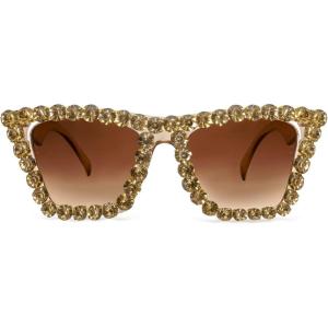 FEISEDY Women Crystal Square Cat Eye Sunglasses Sparkling Trendy Retro Cateye Sunglasses B2898(Champagne)