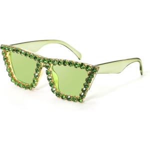 FEISEDY Women Crystal Square Cat Eye Sunglasses Sparkling Trendy Retro Cateye Sunglasses B2898(Green)