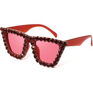 FEISEDY Women Crystal Square Cat Eye Sunglasses Sparkling Trendy Retro Cateye Sunglasses B2898(Red)