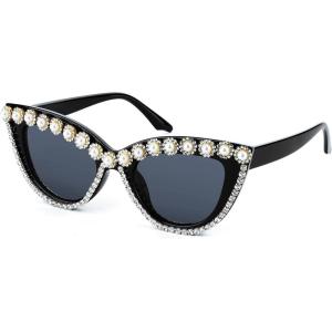 FEISEDY Women Oversized Diamond Sunglasses Fashion Cat Eye Rhinestone Sunglasses Jeweled Frame Costume Party B2360(Flower Diamond)