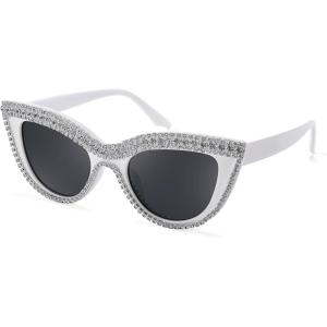 FEISEDY Women Oversized Diamond Sunglasses Fashion Cat Eye Rhinestone Sunglasses Jeweled Frame Costume Party B2360(White Stripe Diamond)