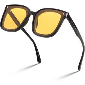 FEISEDY Women Oversized Vintage Polarized Sunglasses Square Cute Trendy Classic Simple Men B2758(011 Black Frame & Yellow Lens)
