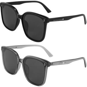 FEISEDY Women Oversized Vintage Polarized Sunglasses Square Cute Trendy Classic Simple Men B2758(Z2pack(001 Black Frame & Grey Lens+002 Transparent Grey Frame & Grey Lens))