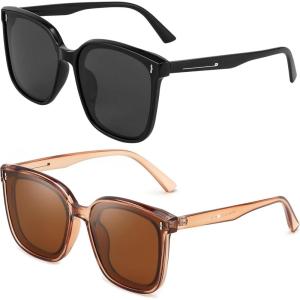 FEISEDY Women Oversized Vintage Polarized Sunglasses Square Cute Trendy Classic Simple Men B2758(Z2pack(001 Black Frame & Grey Lens+004 Champagne Frame & Light Tea Lens))