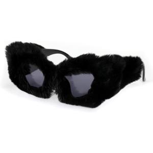 FEISEDY Women Plush Fuzzy Cat Eye Sunglasses Punk Soft Velvet Shades Ladies Handmade Party Masquerade Eyewear B2877(Black)