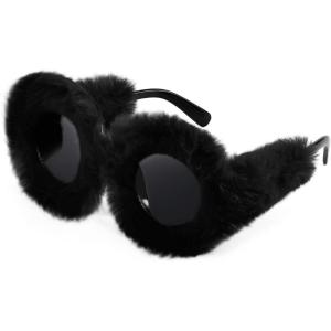 FEISEDY Women Plush Fuzzy Cat Eye Sunglasses Punk Soft Velvet Shades Ladies Handmade Party Masquerade Eyewear B2877(Black Round 2889)