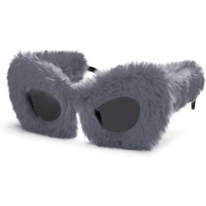 FEISEDY Women Plush Fuzzy Cat Eye Sunglasses Punk Soft Velvet Shades Ladies Handmade Party Masquerade Eyewear B2877(Grey)