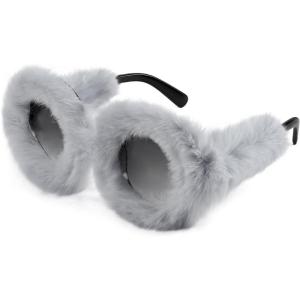 FEISEDY Women Plush Fuzzy Cat Eye Sunglasses Punk Soft Velvet Shades Ladies Handmade Party Masquerade Eyewear B2877(Grey Round 2889)