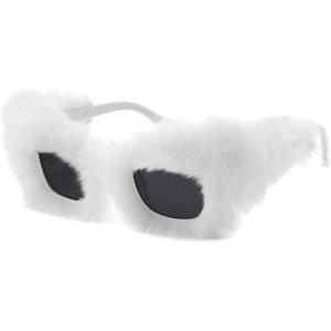 FEISEDY Women Plush Fuzzy Cat Eye Sunglasses Punk Soft Velvet Shades Ladies Handmade Party Masquerade Eyewear B2877(White/Grey Lens 0086)