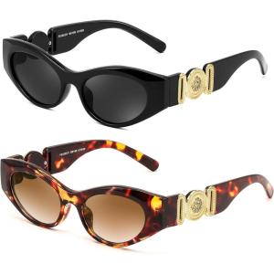 FEISEDY Women Small Sunglasses, Cat Eye Frame 90’s Vintage Men Glasses, Y2k Narrow Thick Style Shades B9168(2 Pack =Black+leopard)