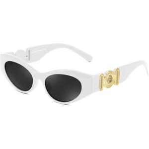 FEISEDY Women Small Sunglasses, Cat Eye Frame 90’s Vintage Men Glasses, Y2k Narrow Thick Style Shades B9168(White Frame Gray Lens)