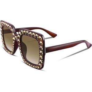 FEISEDY Women Sparkling Crystal Sunglasses Oversized Square Thick Frame B2283(4 Gradient Brown)