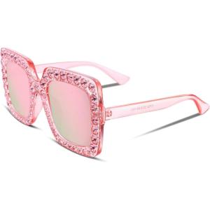 FEISEDY Women Sparkling Crystal Sunglasses Oversized Square Thick Frame B2283(6 Mirrored Pink)
