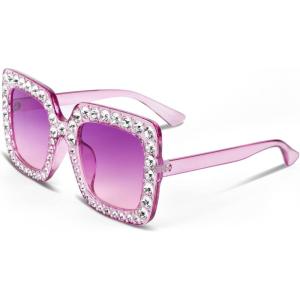 FEISEDY Women Sparkling Crystal Sunglasses Oversized Square Thick Frame B2283(9 Transparent Purple)
