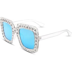 FEISEDY Women Sparkling Crystal Sunglasses Oversized Square Thick Frame B2283(Mirrored Blue)