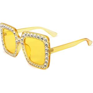 FEISEDY Women Sparkling Crystal Sunglasses Oversized Square Thick Frame B2283(Transparent Yellow)