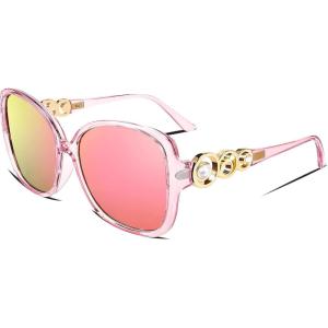 FEISEDY Women’s Fashion Sunglasses, Oversized Square Frame with Pearl Sparkling, Polarized UV Protection B2821(Lively Pink)