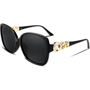 FEISEDY Women’s Fashion Sunglasses, Oversized Square Frame with Pearl Sparkling, Polarized UV Protection B2821(Mysterious Black)