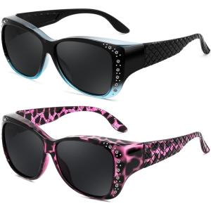 FEISEDY Women’s Polarized Fit Over Sunglasses, Fitover Prescription Glasses UV400 Protection B4190(Black to Blue Gradient & Purple Leopard)