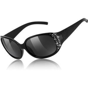 FEISEDY Women’s Polarized Sunglasses Wrap Around Rhinestone Design Fashion Sunnies UV400 Protection B1091(Black Frame & Grey Lens)