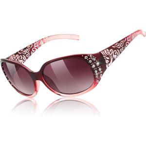FEISEDY Women’s Polarized Sunglasses Wrap Around Rhinestone Design Fashion Sunnies UV400 Protection B1091(Gradual Wine Red Frame & Gradual Red Lens)