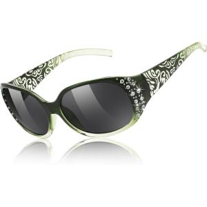 FEISEDY Women’s Polarized Sunglasses Wrap Around Rhinestone Design Fashion Sunnies UV400 Protection B1091(Green Frame & Grey Lens)