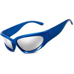 FEISEDY Y2K Futuristic Sunglasses Cool Oval Wrap Around 90s Visor Thick Frame Vintage for Men Women B2951(Blue Frame & Silver Lens)