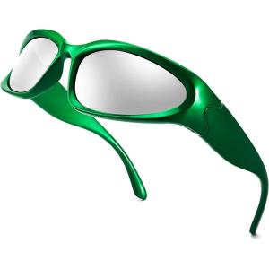 FEISEDY Y2K Futuristic Sunglasses Cool Oval Wrap Around 90s Visor Thick Frame Vintage for Men Women B2951(Green Frame & Silver Lens)