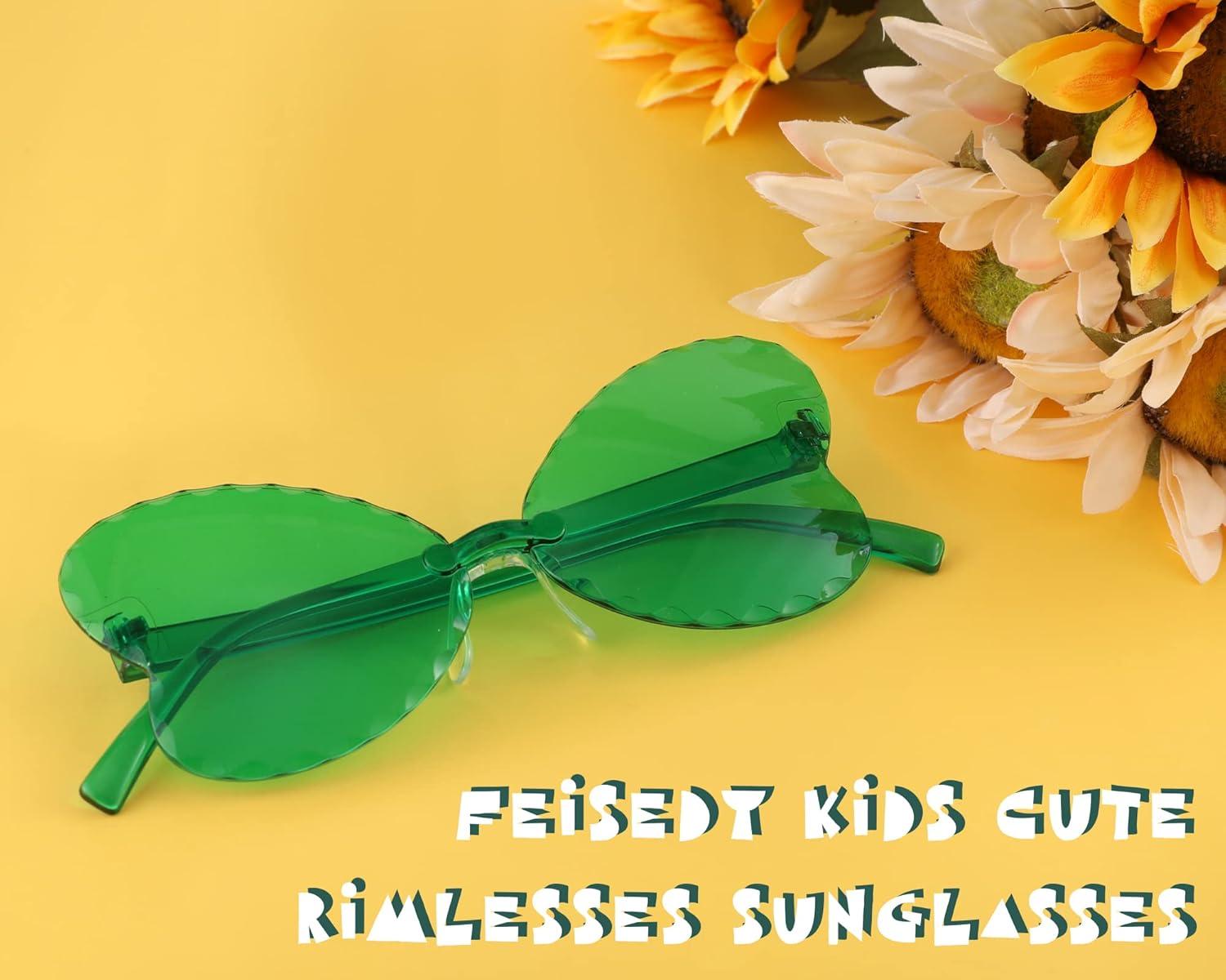 imageFEISEDY 2 Pack Kids Rimless Butterfly Shaped Sunglasses Girls and Boys One Piece Transparent Trendy Cute Glasses B4070F2