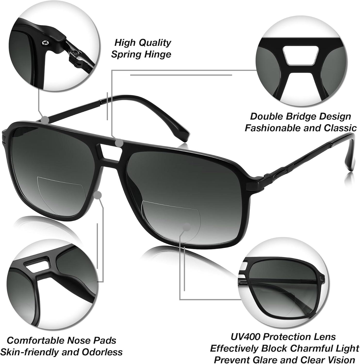 imageFEISEDY Aviator Bifocal Reading Sunglasses for Men Women Vintage Square Tinted Blue Light Blocking Readers B0181Black Framegradient Gray