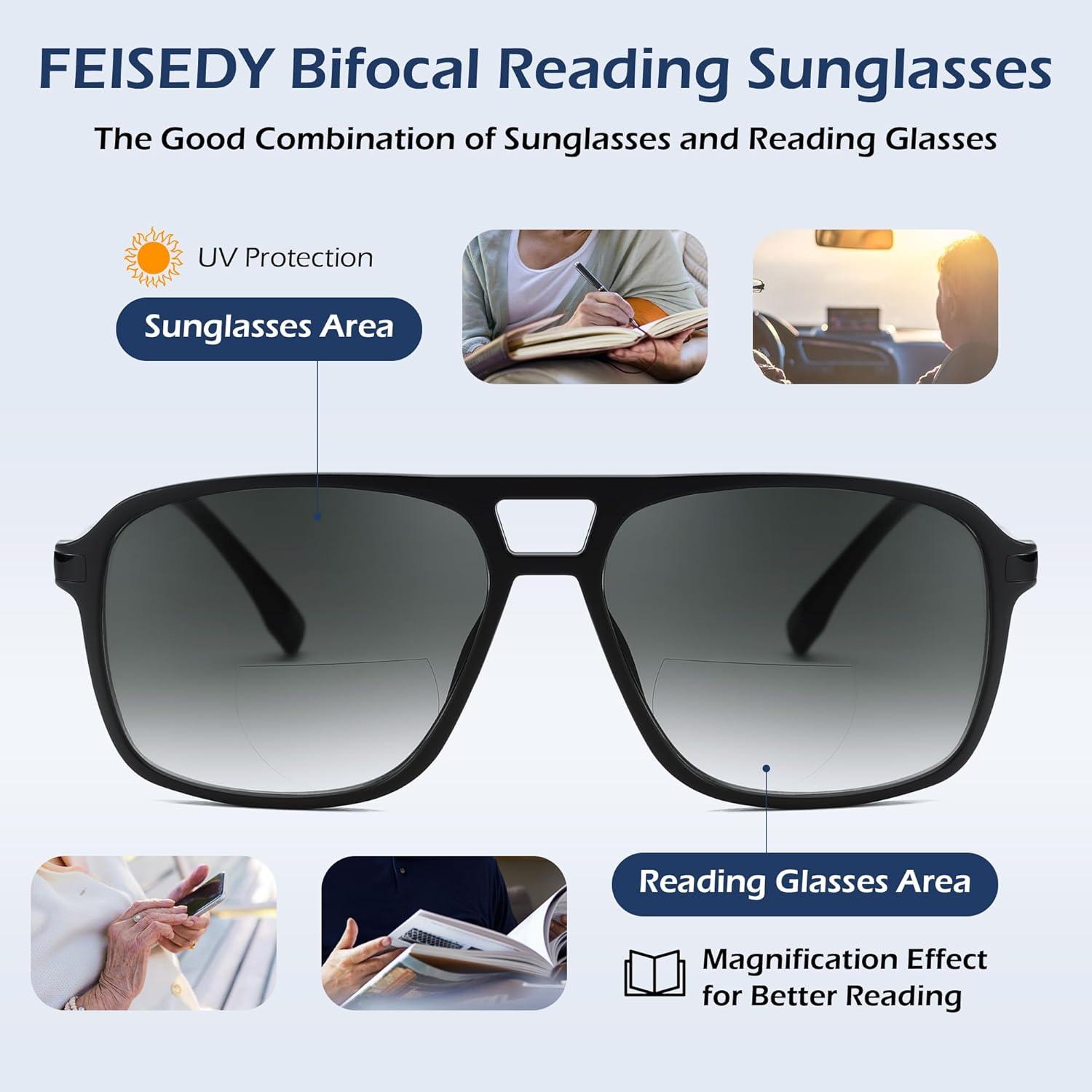 imageFEISEDY Aviator Bifocal Reading Sunglasses for Men Women Vintage Square Tinted Blue Light Blocking Readers B0181Black Framegradient Gray