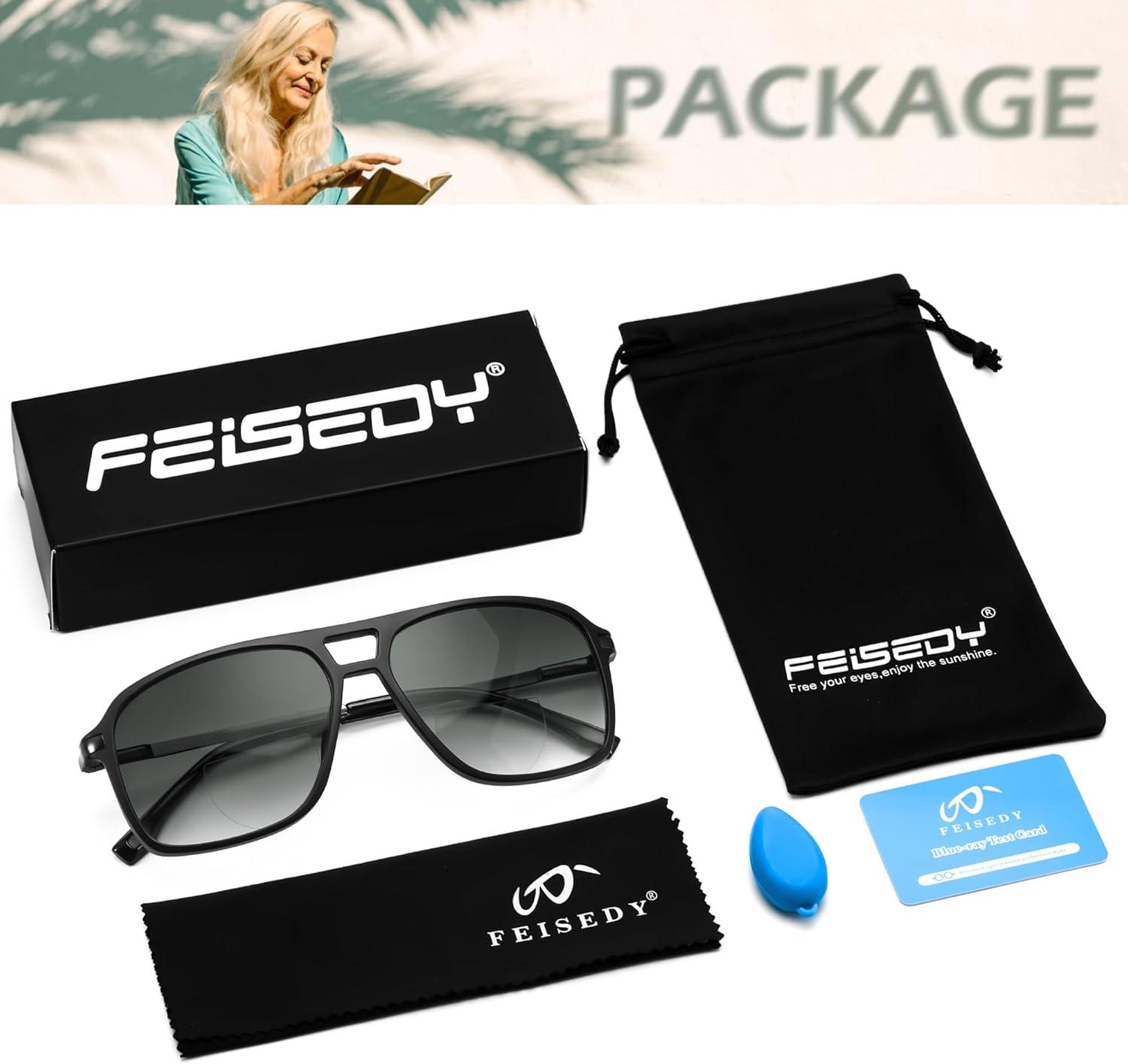 imageFEISEDY Aviator Bifocal Reading Sunglasses for Men Women Vintage Square Tinted Blue Light Blocking Readers B0181Black Framegradient Gray