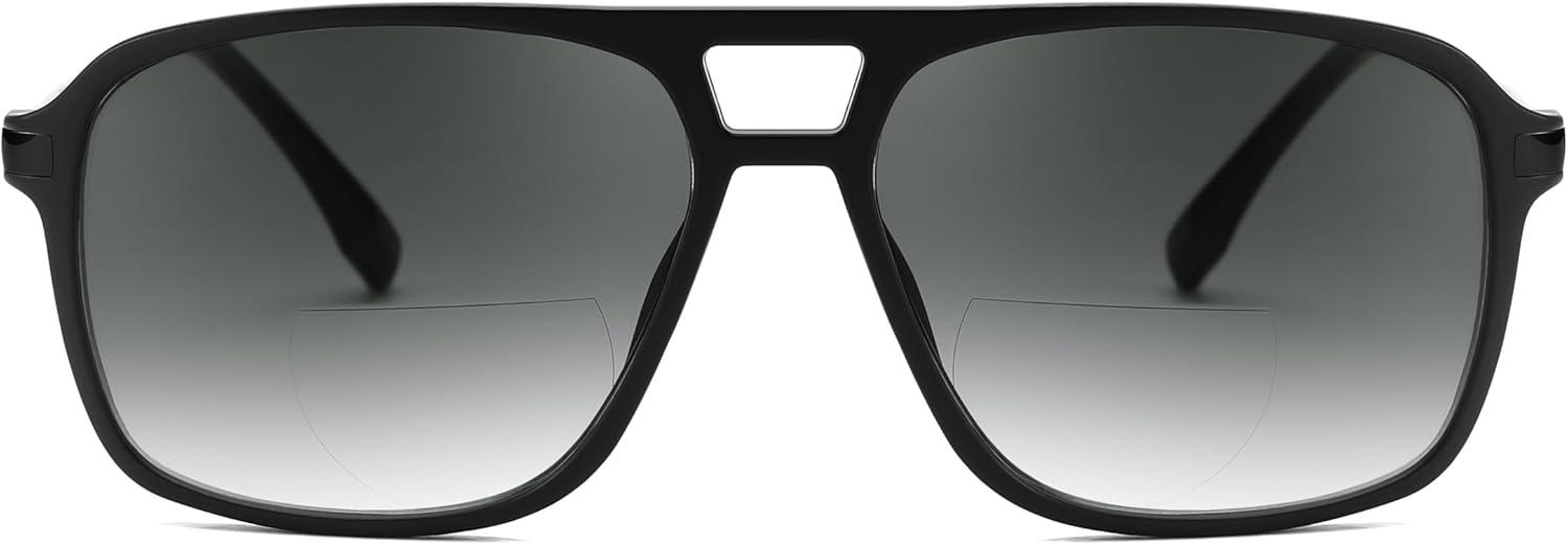 imageFEISEDY Aviator Bifocal Reading Sunglasses for Men Women Vintage Square Tinted Blue Light Blocking Readers B0181Black Framegradient Gray