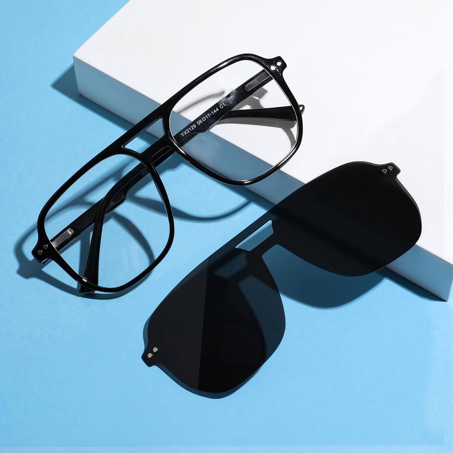 imageFEISEDY Aviator Eyewear Frames Polarized UV Protection Magnetic Clip on Sunglasses for Men Women Retro Clear Eyeglasses B0112