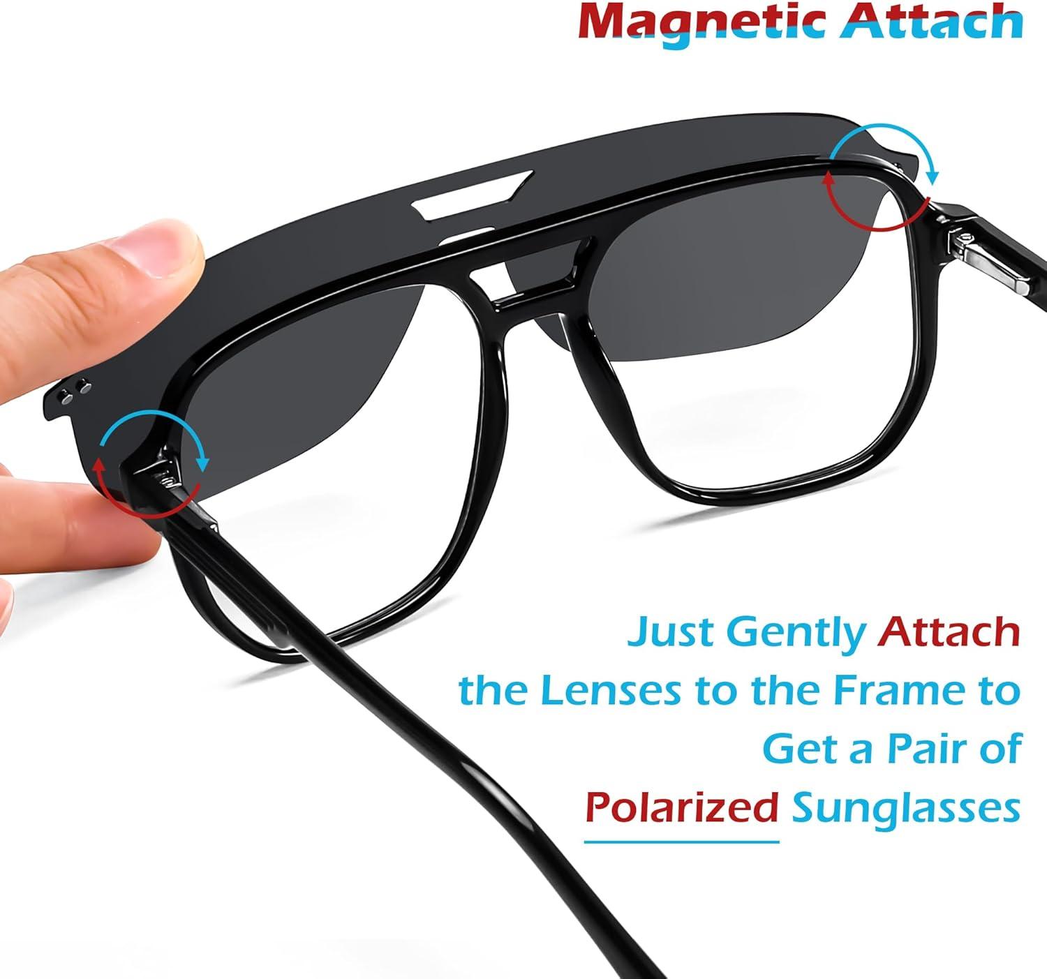 imageFEISEDY Aviator Eyewear Frames Polarized UV Protection Magnetic Clip on Sunglasses for Men Women Retro Clear Eyeglasses B0112
