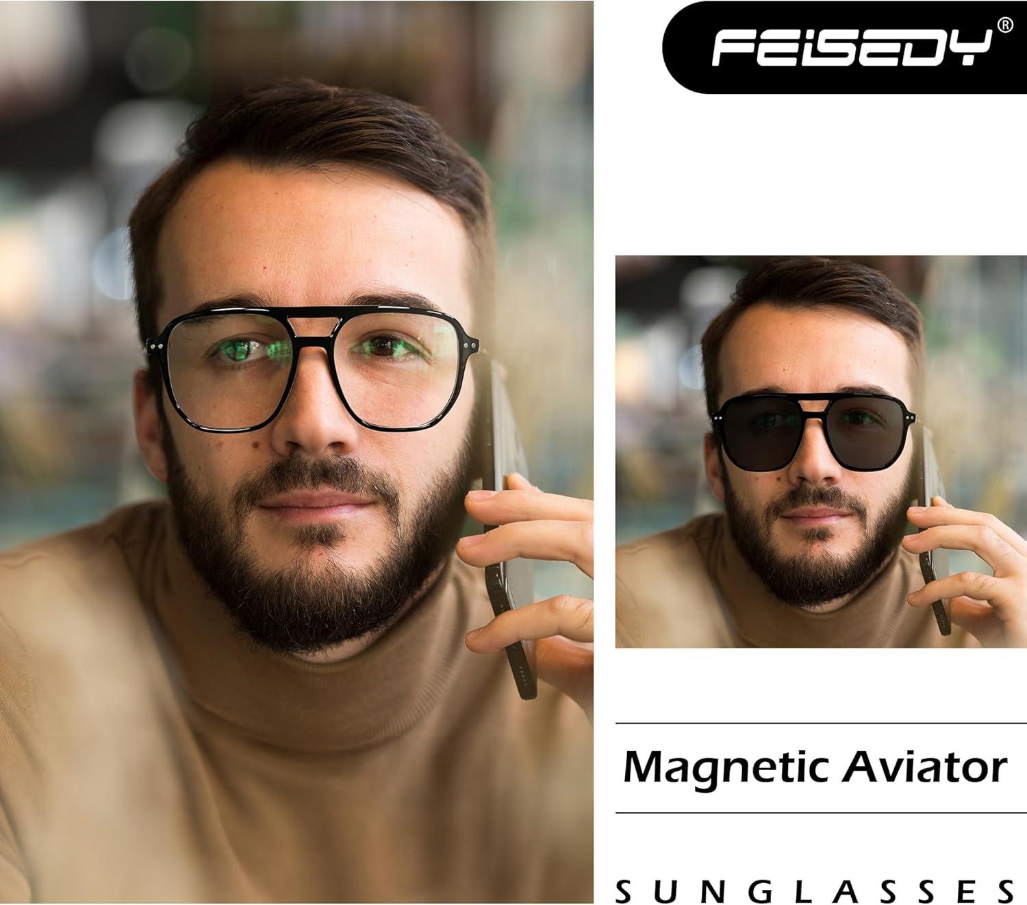 imageFEISEDY Aviator Eyewear Frames Polarized UV Protection Magnetic Clip on Sunglasses for Men Women Retro Clear Eyeglasses B0112