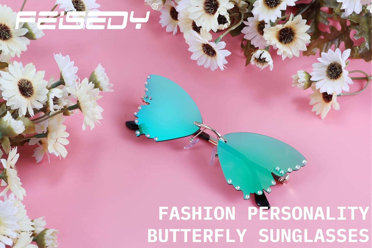 imageFEISEDY Butterfly Rimless Sunglasses for Women Fashion Metal Frame Sunglasses B4065