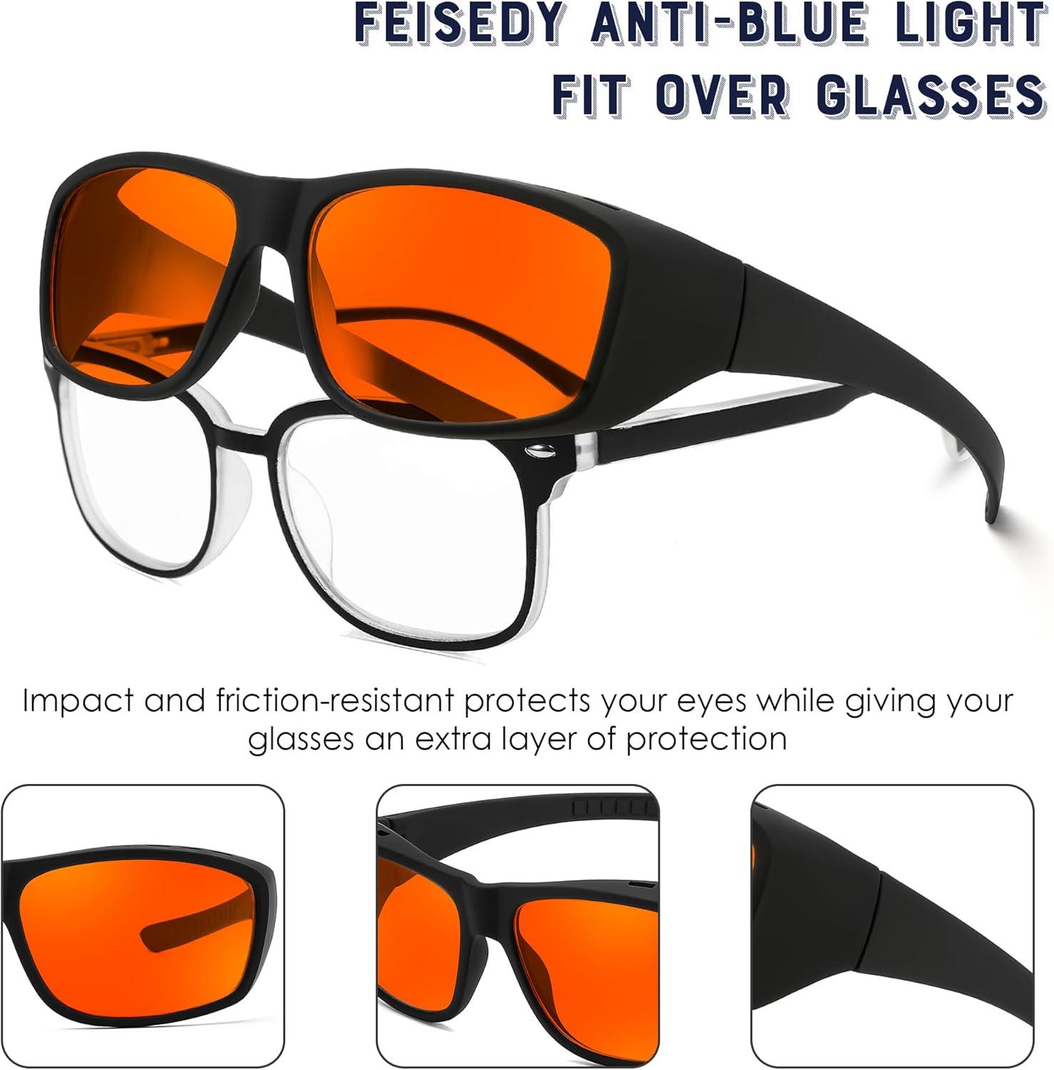imageFEISEDY Fitover Blue Light Glasses Computer Gaming Eyeglasses for Better Sleep Anti Glare Nighttime Eye Wear B1228001 Amber Lens 999 Blue Light Blocking Matte Black Frame
