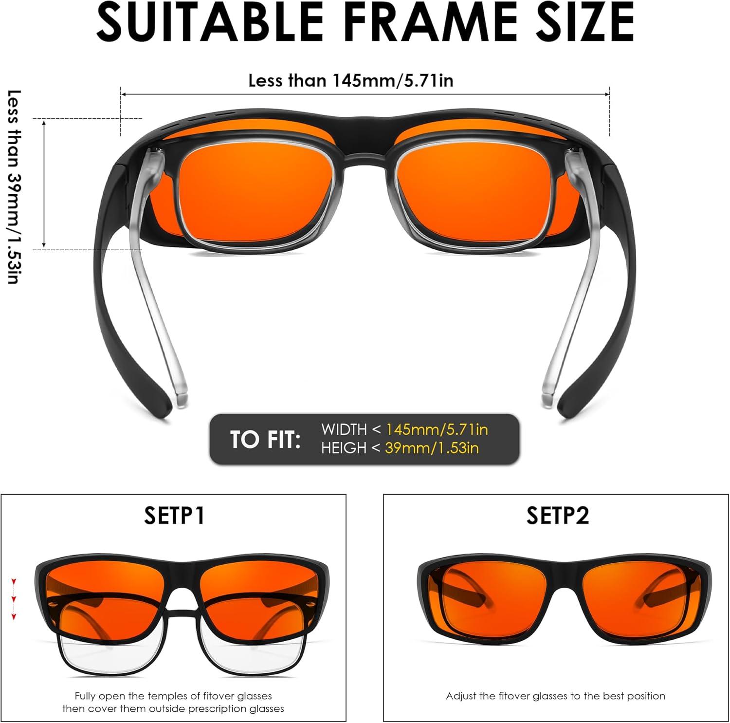 imageFEISEDY Fitover Blue Light Glasses Computer Gaming Eyeglasses for Better Sleep Anti Glare Nighttime Eye Wear B1228001 Amber Lens 999 Blue Light Blocking Matte Black Frame