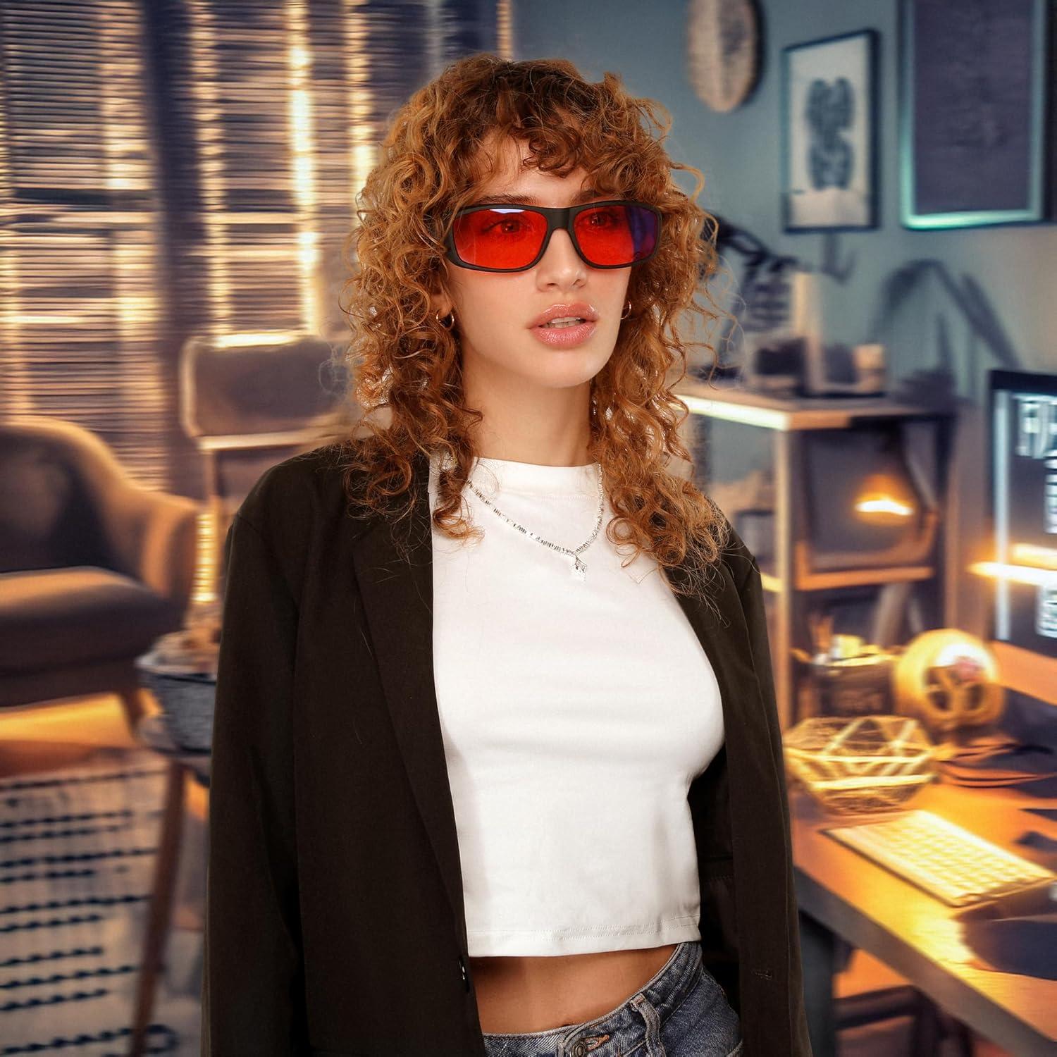imageFEISEDY Fitover Blue Light Glasses Computer Gaming Eyeglasses for Better Sleep Anti Glare Nighttime Eye Wear B1228001 Amber Lens 999 Blue Light Blocking Matte Black Frame