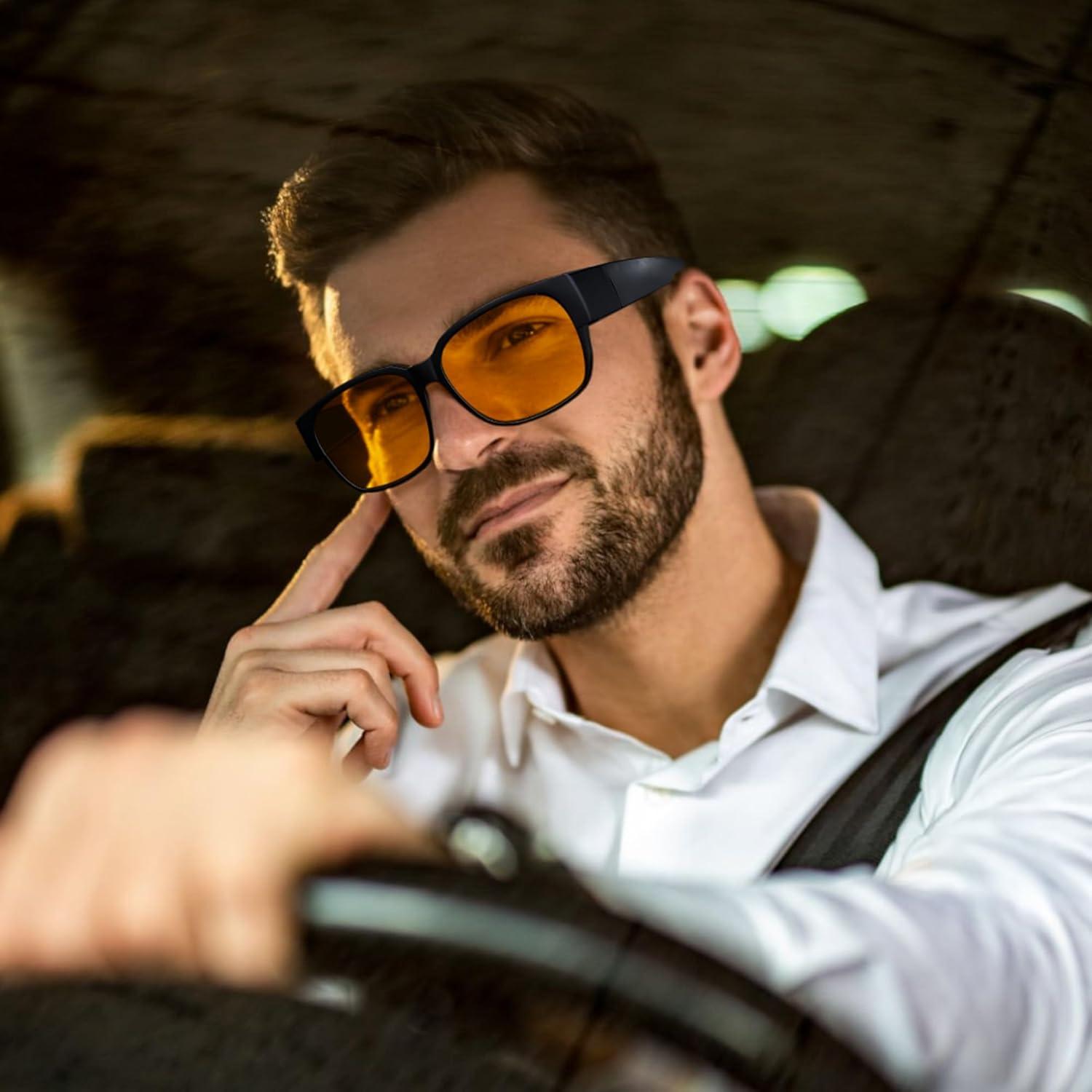 imageFEISEDY Fitover Computer Blue Light Glasses Driving Gaming Eyeglasses Anti Glare Nighttime Eye Wear with Yellow Lenses B1226