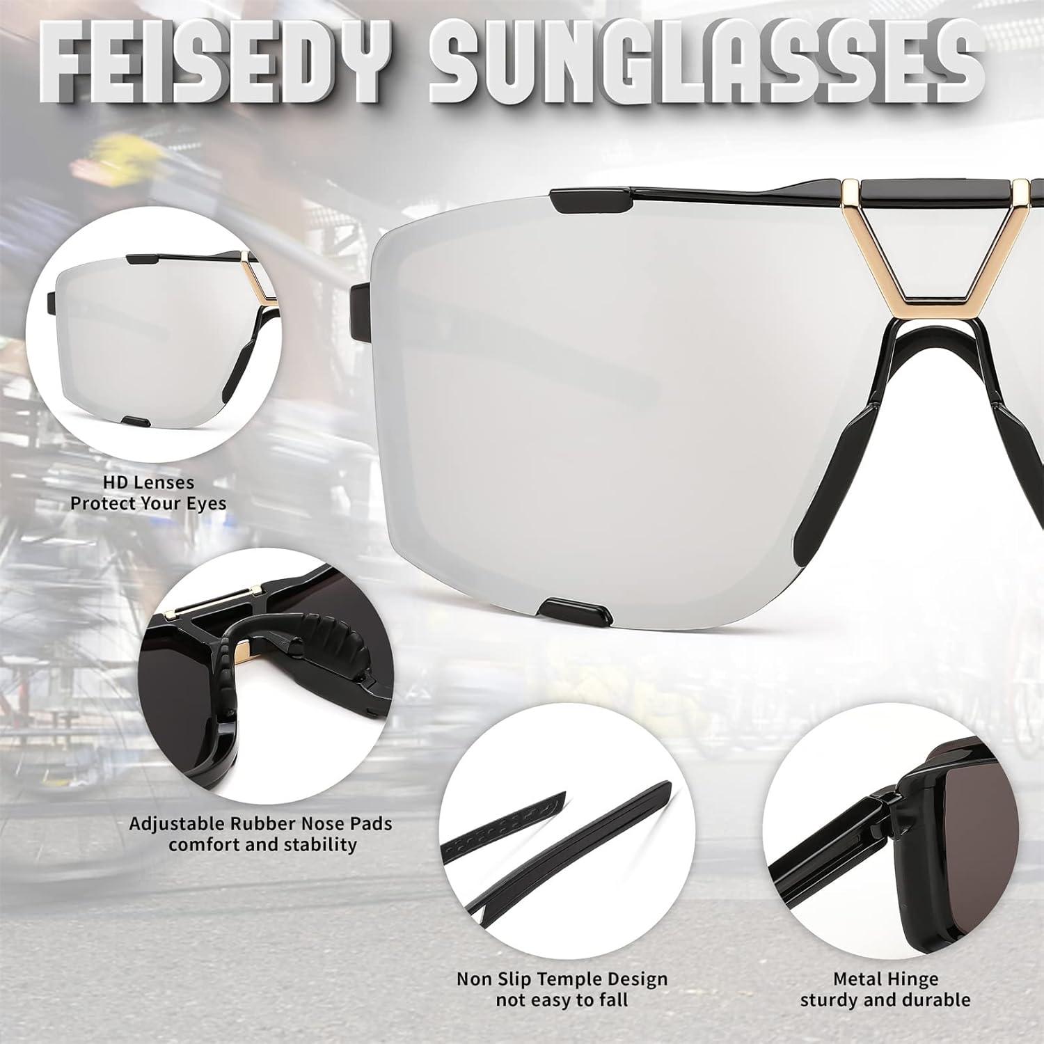 imageFEISEDY Outdoor Sports Sunglasses for Men Women Cycling Running Driving Glasses UV400 Protection B2342002 Black White Mirrored Lens