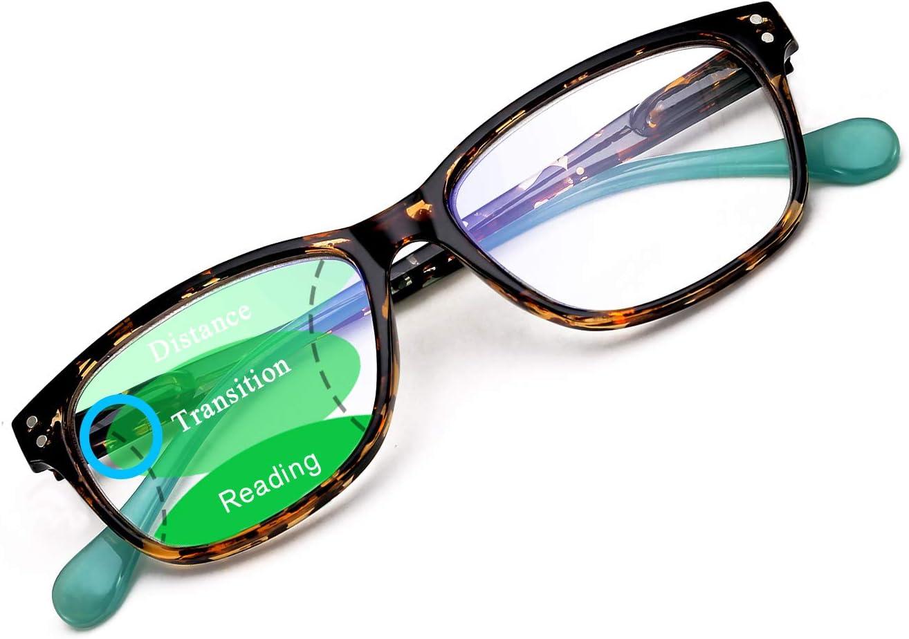 imageFEISEDY Progressive Multifocus Rectangular Blue Light Blocking Reading Glasses TR90 Frame B2587Leopard Frame Green Temple