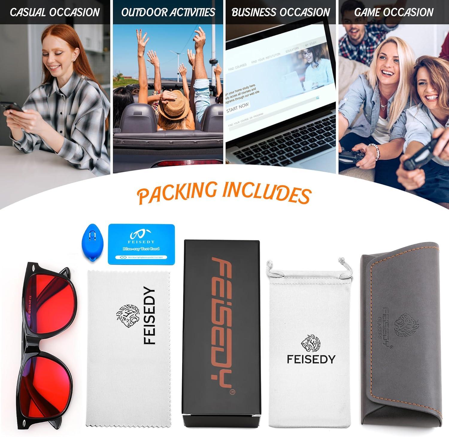 imageFEISEDY Red Lens Blue Light Blocking Glasses Anti Blue Light Computer Gaming Eyeglasses Reduce Eyestrain G1858