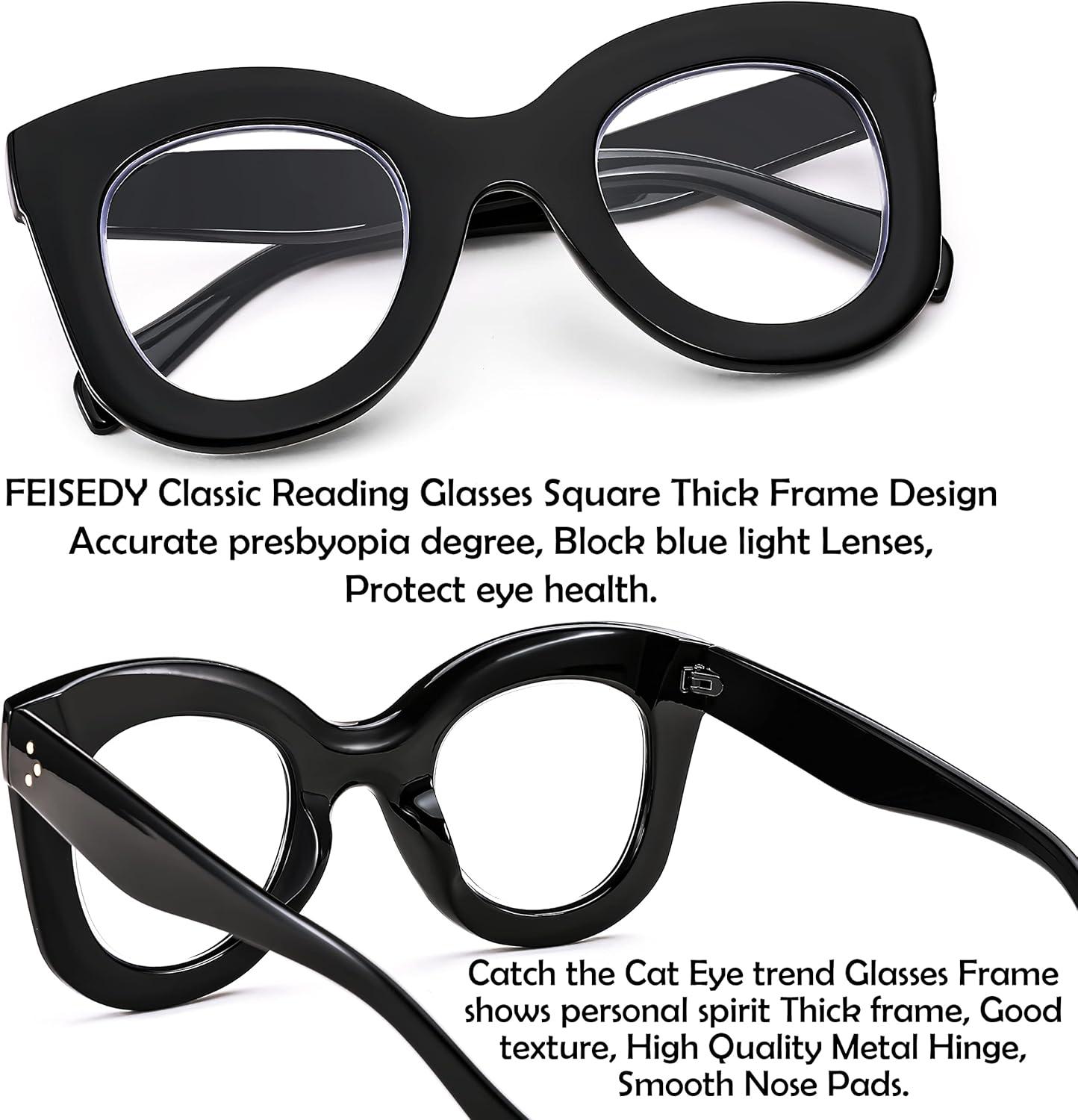 imageFEISEDY Retro Oversized Blue Light Blocking Reading Glasses Thick Frame Anti Glare Digital Eyestrain Readers B2980 Black 25x