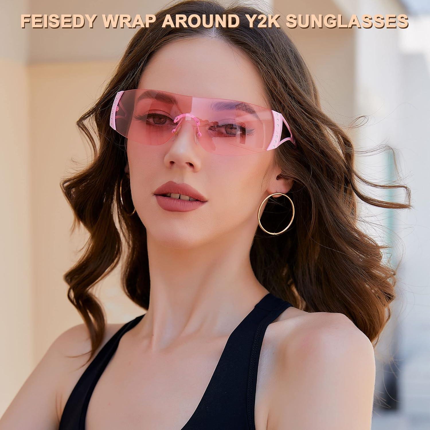 imageFEISEDY Rimless Y2K Sunglasses for Women Men Fashion Futuristic Wrap Around Oversized Trendy Shield B9073Gradient Grey