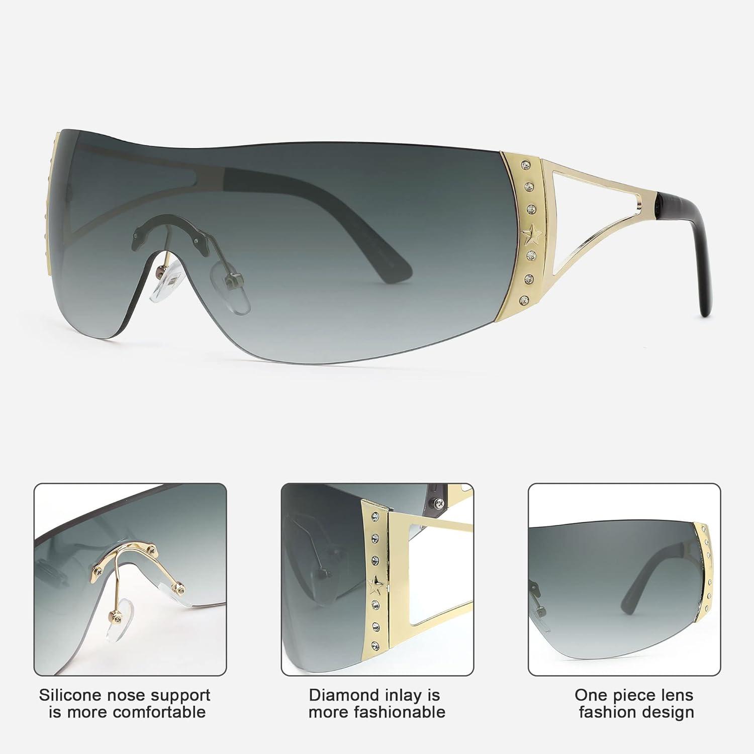 imageFEISEDY Rimless Y2K Sunglasses for Women Men Fashion Futuristic Wrap Around Oversized Trendy Shield B9073Gradient Grey